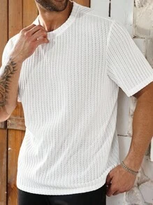 Manfinity Homme Plus Size Men's Casual Plain Color Textured Fabric Short Sleeve T-Shirt, Summer - White - View 5