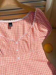 SHEIN EZwear 粉色和白色格子编织休闲女士衬衫，简约时尚，适合夏季 - 粉色 - 查看 3