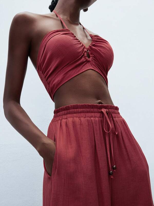 Maija Red Halter Hollow Out Cropped Tank Top With Ruffle Waist Design Wide Leg Pants, Comfortable Casual Vacation Bohemian Style Outfits For Women, Minimalist Fashion Versatile Two Pieces Set