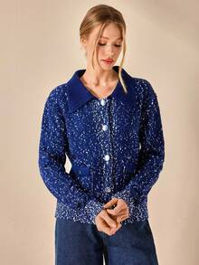 EURMUSE Women Polo Neck Gold Button Detailed Cozy Knit Cardigan Speckled Knit Button Up Cardigan With Flap Pockets And Collar For Casual Chic Fall Looks - Navy Blue - View 5