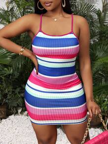 Slaydiva 休闲吊带彩条纹仿坑布全印花迷你紧身裙女连衣裙-H - 紫色 - 查看 1
