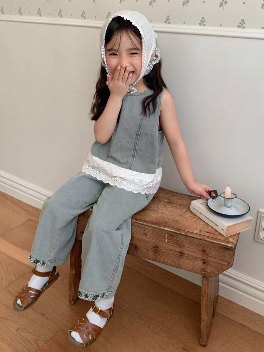Dazy Kids Bộ 2 món/Bộ áo ren chắp vá không tay và quần ống rộng thường ngày cho bé gái, bé gái - Rửa nhẹ - Xem 1