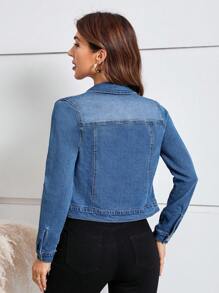 EMERY ROSE Women's Front Button Long Sleeve Pocket Casual Denim Jacket, Fall Women Clothes - Medium Wash - View 2