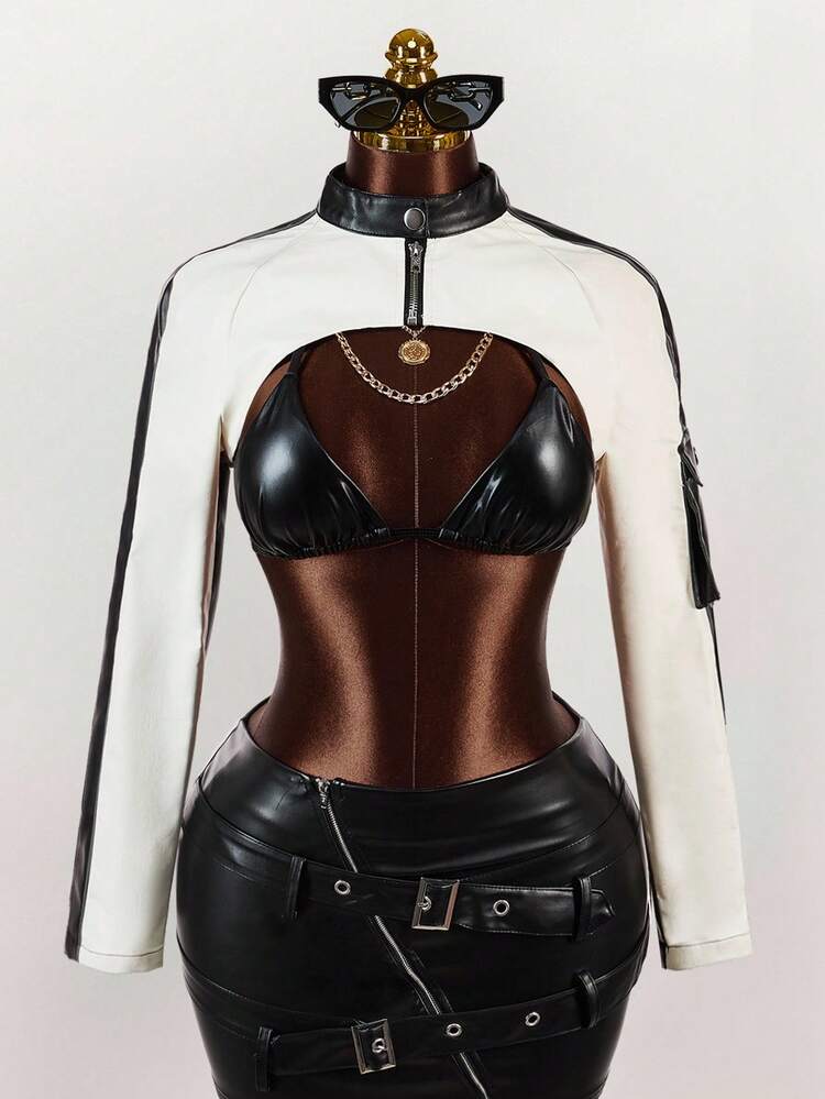 Amplova Zweifarbige Raglan Ärmel Crop Jacke ohne BH für Frauen, Herbstkleidung - Verschiedenfarbig - Übersicht 8