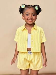 Travachic KIDS 2件套少女纯色条纹休闲衬衫和短裤套装 - 黃色 - 查看 2
