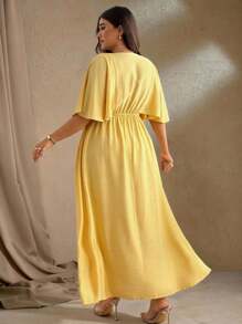 Roveilla Plus Size Women's Elegant French Romantic Vacation Flare Sleeve V-Neck Button Front A-Line Stretchy Waist Beach Maxi Dress, Spring/Summer Plus Size Yellow Maxi Dress Plus Size Yellow Dress Yellow Maxi Dress Casual Long Dress Lemon Dress Lemon Yellow Dress