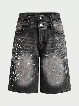 ROMWE Avant Shorts vaqueros de hombre con estampado de diamantes brillantes y doble capa en la cintura