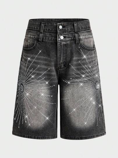 ROMWE Avant شورت جينز رجالي بنمط ماسي لامع مع نطاق خصر مزدوج الطبقة