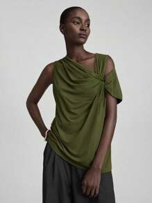 Ontre 2025 夏秋季女士纯色不对称领口褶皱设计衬衫，适合夏季度假、海滩、派对、百搭、节日、社交、多功能、日常、商务休闲办公穿着