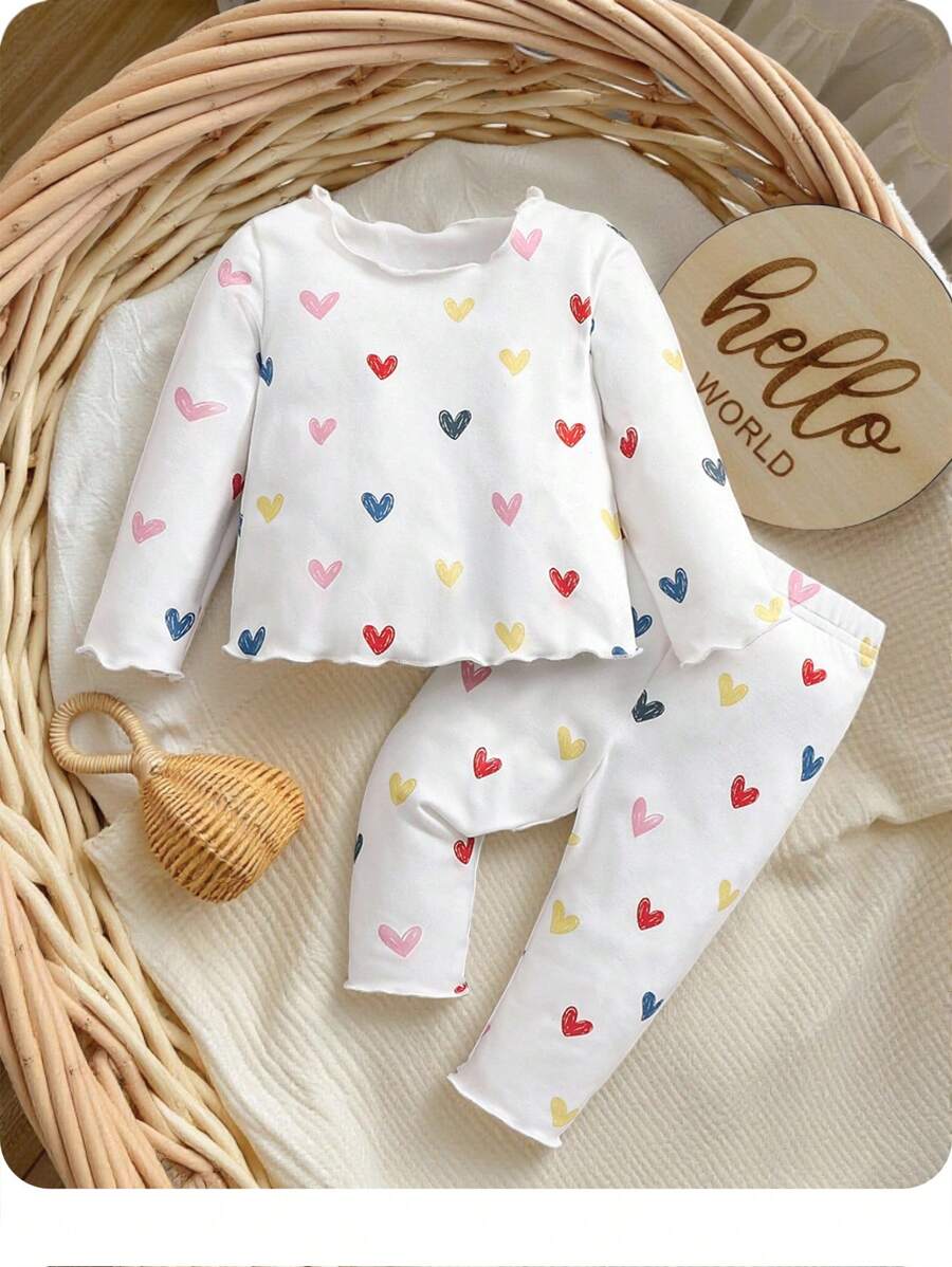 Newborn Baby Girl's Cute Heart Pattern Knitted Wavy Hem Long Sleeve Top And Pants 2pcs Set, Fall - White - View 1
