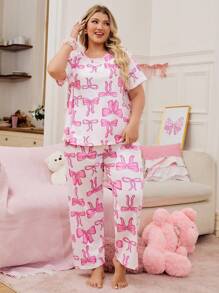 Plus Size Bow Print Contrast Color Round Neck Sleepwear Set, Sweet Ins Style - White - View 5