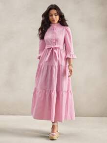 Wildy 秋冬新款美式乡村休闲粉色条纹收腰荷叶边领中长连衣裙 - 粉色 - 查看 3