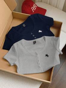 Comfortcana 2pcs Indigo Blue & Gray Solid Henley Collar Embroidered Slim Fit Short Sleeve T-Shirts Henley Tops Tops Sets - Multicolor - View 7
