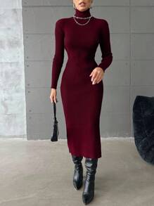 EURMUSE Women's Elegant Solid Color High Neck Bodycon Sweater Dress,Petite - Burgundy - View 5