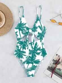 Swim Lushoire Women's Vacation Palm Tree Front Twist Cutout Design Sexy Spaghetti Strap One Piece Swimsuit For Summer