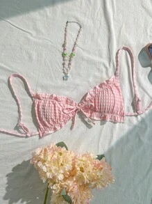 Swim Mod 女士格子褶饰比基尼上衣，甜美休闲性感沙滩装 - 粉色 - 查看 1