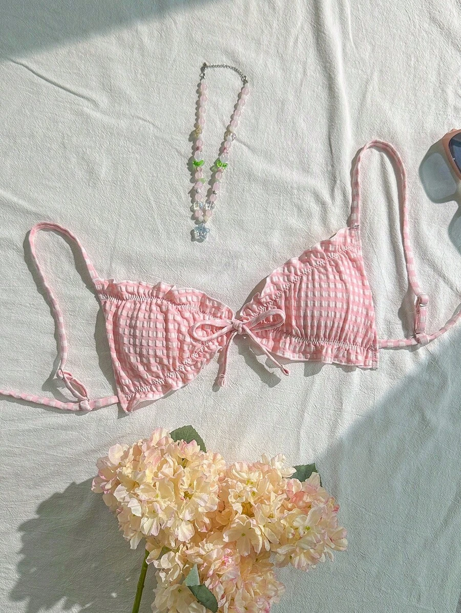 Swim Mod 女士格子褶饰比基尼上衣，甜美休闲性感沙滩装 - 粉色 - 查看 1