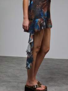 TypaGal Vestido de lujo con estilo oceánico, diseño de estampado degradado azul y marrón, espalda con tirantes sexy, decoración exquisita de strass en forma de estrella de mar en la cintura, bajo asimétrico con apliques de tul, que resalta las curvas encantadoras, adecuado para fiestas de vacaciones o actividades en la playa.