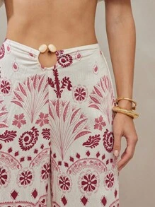 L'Amorae 女士节日花卉印花圆腰阔腿裤 - 紅白色 - 查看 2