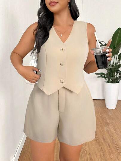 SHEIN EZwear Conjunto de 2 piezas de talla grande para mujer con chaleco de solapa única y pantalones cortos, conjunto casual de 2 piezas de color beige para primavera/verano, conjunto casual de 2 piezas con pantalones cortos para mujer, de vuelta a la escuela en otoño/invierno
