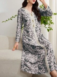 Al Najma Women Floral Print Patchwork Strap Loose Arabian Long Dress - Multicolor - View 1