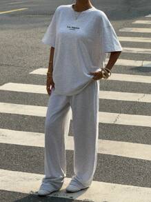 Muchica 女士休闲字母刺绣圆领短袖T恤和长裤套装，夏季