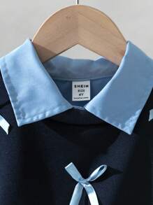 2 Piece Set Young Girls Fashion Stand Collar Blouse With Tie Bow Vest, Casual School Style Outfit, Suitable For Spring & Autumn Fall Winter - Royal Blue - View 4