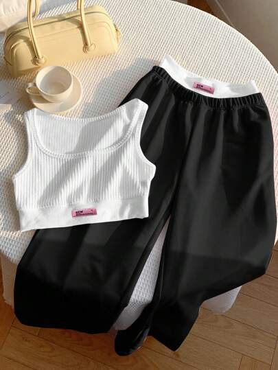 Comfortcana 女士休闲长裤和针织面料罗纹圆领吊带背心套装 Y2k 上衣女士休闲黑白套装女士罗纹背心和裤子套装