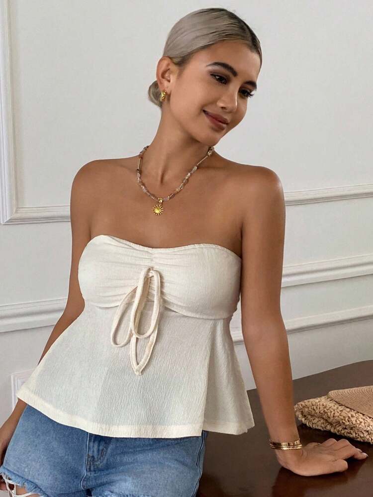Women's Pleated Front Bandeau Tank Top, Fashionable & Minimalist, Summer Going Out Tops Tube Top