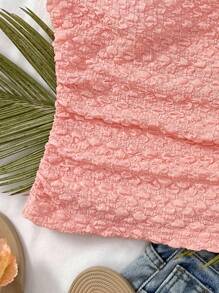 SHEIN Teen Girls Vacation Beige Knitted Fabric Puff Sleeve Asymmetrical Neck Bowknot Waist Ruched Fitted Crop Top, Suitable For Party, City Street, Beach Holiday, Spring/Summer - Coral Pink - View 5