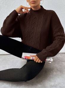 EURMUSE 女士纯色高领休闲麻花针织落肩毛衣 - 棕色 - 查看 5
