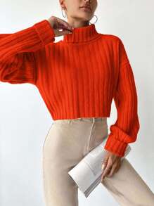 EURMUSE Women Solid Color High Collar Drop Shoulder Ribbed Knit Cropped Casual Sweater,Jumper,Cream Jumper,Jumpers,Black Jumper,Womens Jumper,White Jumper,Women's Jumper,Women's Jumpers,Winter Clothes - Orange - View 5