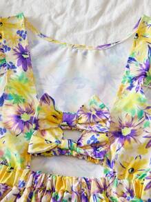 SHEIN Lunivi Vestito da ragazza adolescente con stampa floreale, fiocco sulla schiena, maniche corte a cappuccio, vita