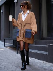 EURMUSE Knitwear Cardigan With Denim Detail Fall Winter Outwear Jacket - Beige - View 6