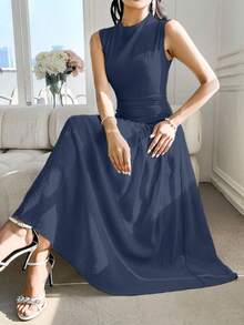 Modelyn 女士 Design Sense 立领无袖荷叶边中长连衣裙 - 藏蓝色 - 查看 7