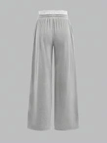 Girlism Pantalones de chándal holgados para adolescentes con remate de encaje y cintura elástica, pantalones casuales básicos lisos de color gris claro para la escuela, el hogar y el ocio