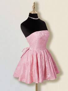 SHEIN ICON Đầm suông dự tiệc trà họa tiết hoa babydoll màu hồng dành cho nữ, váy xòe nơ thanh lịch, không dây, chất liệu jacquard nhún bèo hoa - Hồng - Xem 8