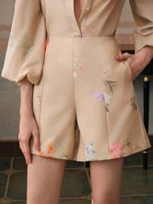 Anewsta Quần short ống rộng in họa tiết hoa mùa hè cho nữ - Màu Khaki - Xem 3