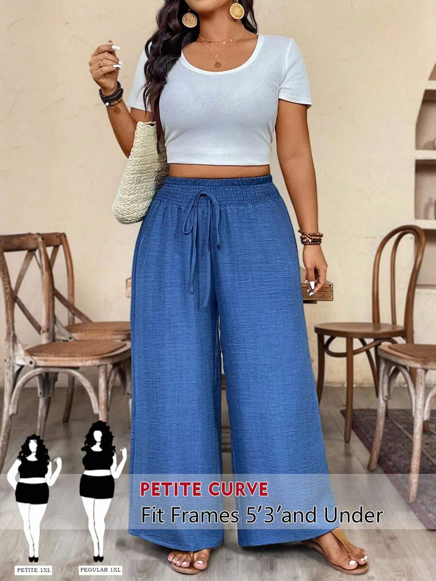 SHEIN PETITE Quần dài thường ngày cỡ lớn có cạp chun và nơ - Màu xanh lam - Xem 1