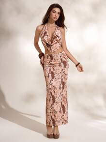 Shutterstock Glamance 2 件套女士套装：深 V 领扎染浸染图案短款露背背心和迷你裙、蛇纹印花两件套、围脖领露背上衣、古铜色连衣裙、Y2K 2000 年代返校俱乐部服装、女士性感约会夜服装 - 棕色 - 查看 3