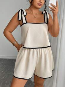 INAWLY 大码女式夏季休闲撞色边吊带背心和短裤两件套