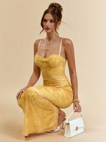 SHEIN BAE Đầm dài ôm vừa vặn họa tiết hoa gợi cảm in ren có dây mảnh dành cho nữ, thiết kế cổ điển, mùa hè - Màu vàng - Xem 6