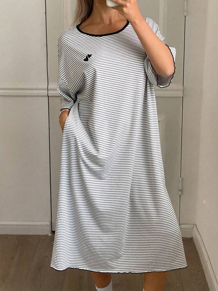 Loose Fit Heart Print & Striped Color Block Lounge Dress, Women Sleepwear, Moo Moo Pajama