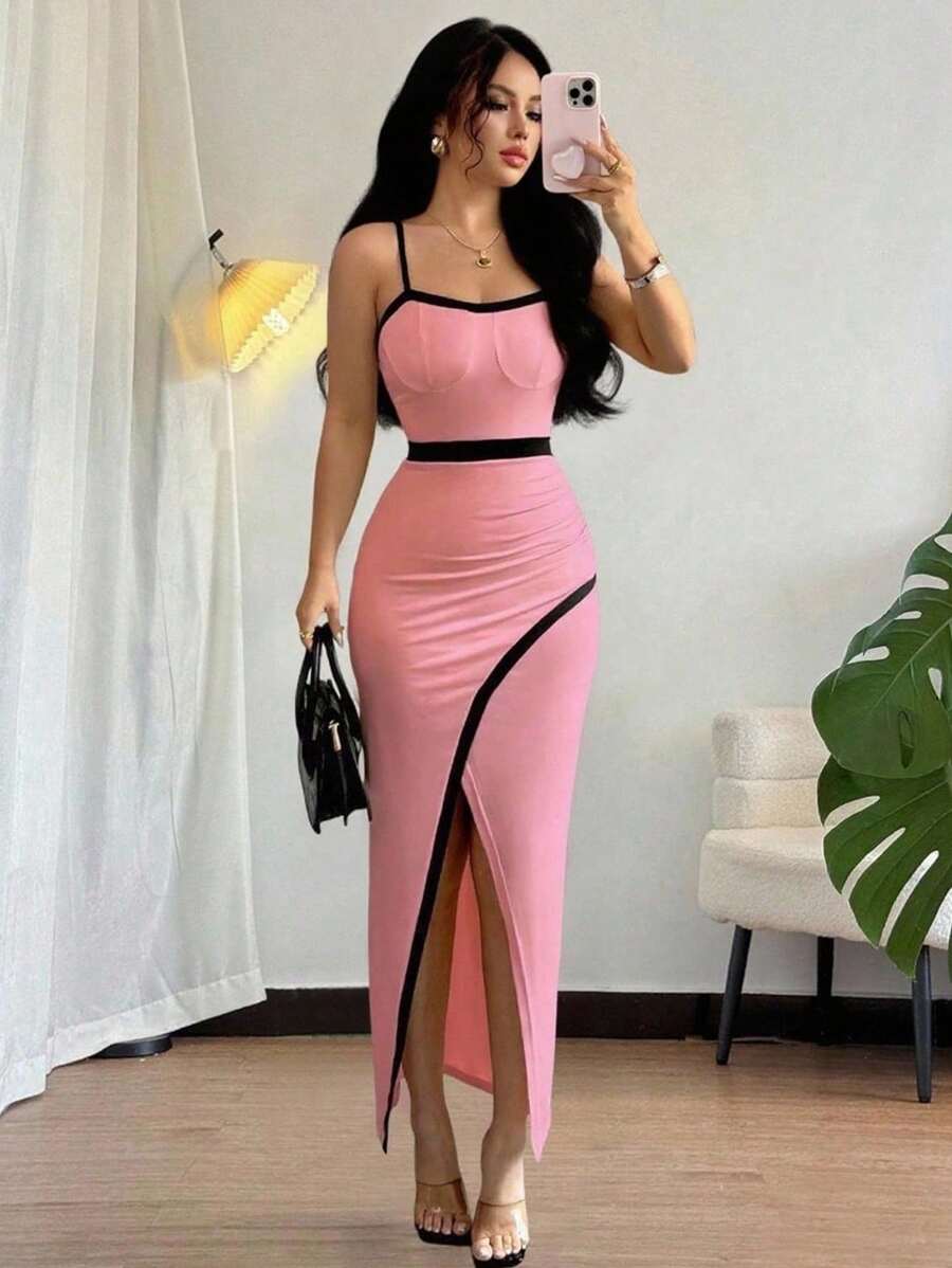 Rafferiza 女式休闲拼色长款吊带连衣裙 - 粉色 - 查看 1