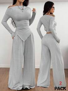 Coolane 女士秋季外出休闲运动基本款简约弹力露肩紧身胸衣 T 恤和慢跑裤，2 件 - 灰色 - 查看 3