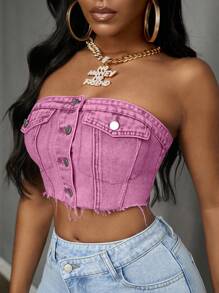 Slaydiva 夏季街头时尚前扣磨边短款上衣 - 粉色 - 查看 4
