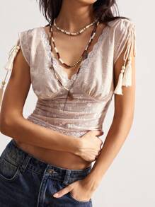 Bohemela Boho V-Neck Lace Trim Fitted Cropped Summer Vacation Top For Women - Apricot - View 1