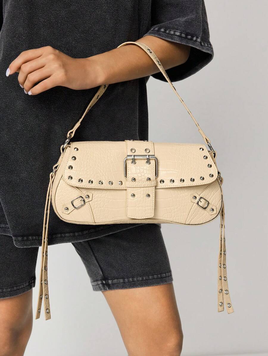 SHEIN X Lucía Bellido SHEIN SXY Túi đeo vai nữ, Túi Hobo, Thời trang, Đơn giản, Cá nhân hóa, Đa năng, Đường phố, Ngầu, Đinh tán, Tua rua, Cho buổi hẹn hò, Hàng ngày, Mua sắm - Màu be - Xem 1