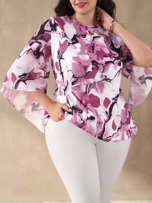 SHEIN Clasi 大码宽松休闲时尚印花女式衬衫，秋季简约复古韩版教师机场旅行复古女式复古教师秋季大码商务休闲女式曲线乡村音乐会波西米亚风衬衫 - 彩色 - 查看 1