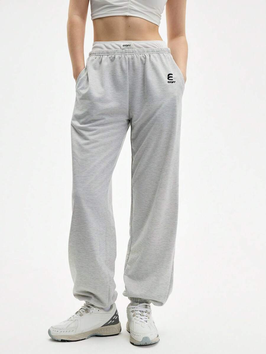 Eassivo Eassivo Women's Gray Letter Print Elastic Waist Loose Fit Pocket Jogger Pants –,Women Joggers Fashionable Athleisure Wear,Teacher Outfits For Women,Back To School - Grey - View 1